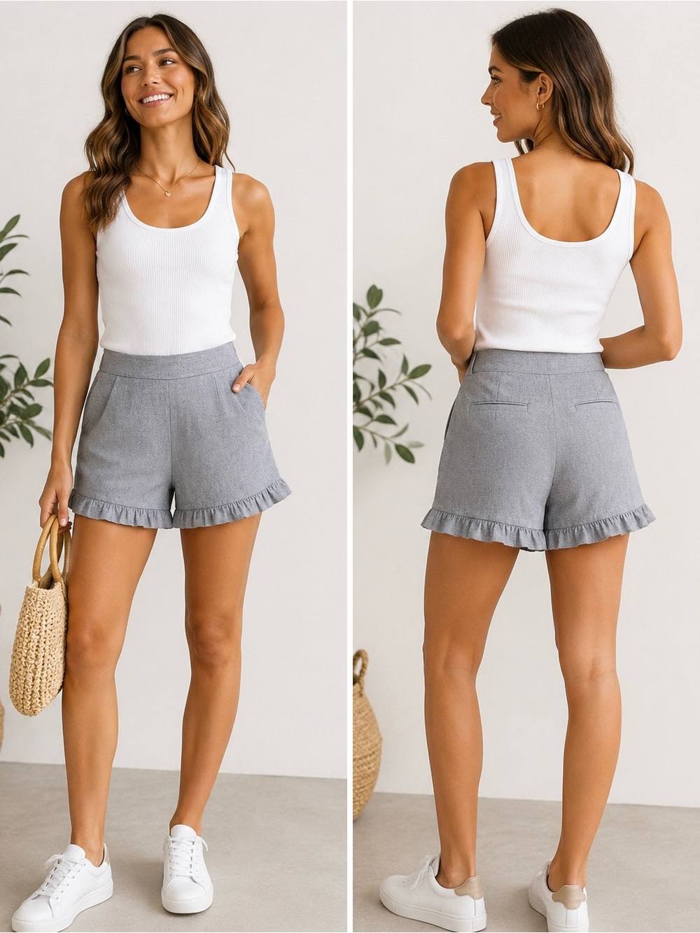 LOFT Gray Ruffle-Hem High Waist Shorts